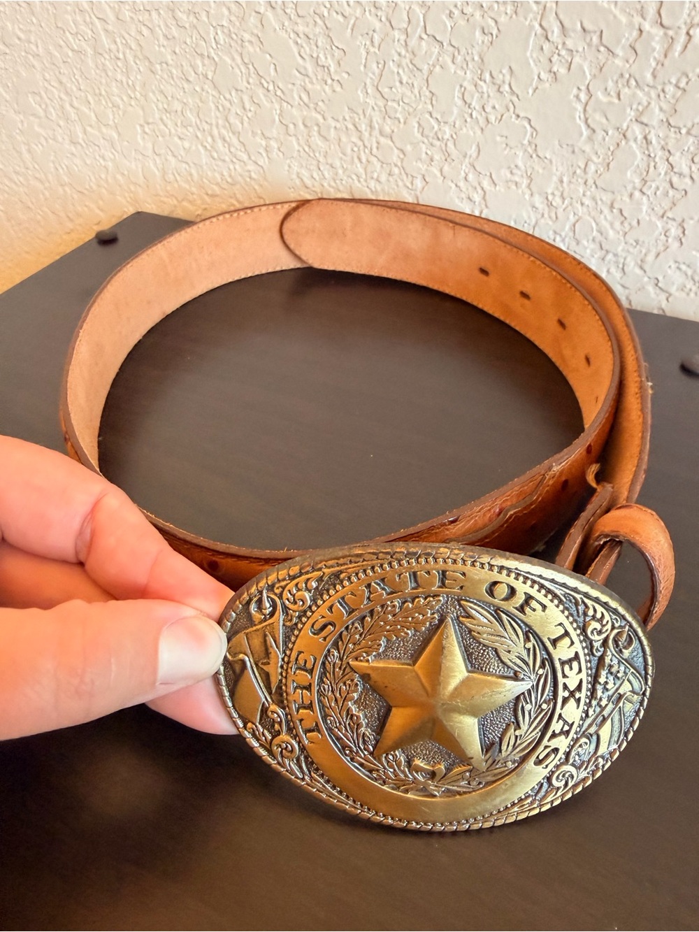 Tony Lama Brown Ostrich Western Leather Belt w/ State of Texas Buckle Men’s 32